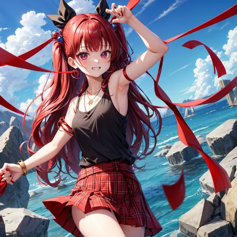 Red-blue hair、red eyes、one good looking girl、solo、anime、plaid mini skirt、black camisole、black t-shirt、kimono、wearing a ribbon、ribbon at waist、stones are piled up、crystal earrings、jewelry necklace、Light and shadow、tilting one&#39;s face、teeth are visible、、W...