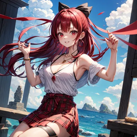 Red-blue hair、red eyes、one good looking girl、solo、anime、plaid mini skirt、black camisole、black t-shirt、kimono、wearing a ribbon、ribbon at waist、stones are piled up、crystal earrings、jewelry necklace、Light and shadow、tilting one&#39;s face、teeth are visible、、W...