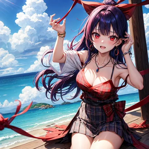 Red-blue hair、red eyes、one good looking girl、solo、anime、plaid mini skirt、black camisole、black t-shirt、kimono、wearing a ribbon、ribbon at waist、stones are piled up、crystal earrings、jewelry necklace、Light and shadow、tilting one&#39;s face、teeth are visible、、W...