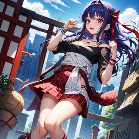 Red-blue hair、red eyes、one good looking girl、solo、anime、plaid mini skirt、black camisole、black t-shirt、kimono、wearing a ribbon、ribbon at waist、stones are piled up、crystal earrings、jewelry necklace、Light and shadow、tilting one&#39;s face、teeth are visible、、W...