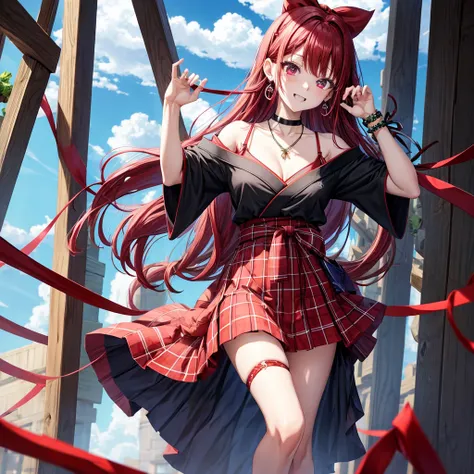 Red-blue hair、red eyes、one good looking girl、solo、anime、plaid mini skirt、black camisole、black t-shirt、kimono、wearing a ribbon、ribbon at waist、stones are piled up、crystal earrings、jewelry necklace、Light and shadow、tilting one&#39;s face、teeth are visible、、W...