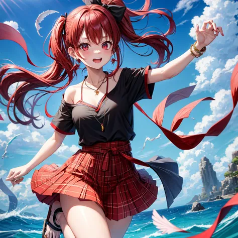 Red-blue hair、red eyes、one good looking girl、solo、anime、plaid mini skirt、black camisole、black t-shirt、kimono、wearing a ribbon、ribbon at waist、stones are piled up、crystal earrings、jewelry necklace、Light and shadow、tilting one&#39;s face、teeth are visible、、W...