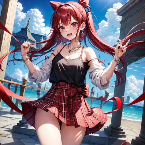 Red-blue hair、red eyes、one good looking girl、solo、anime、plaid mini skirt、black camisole、black t-shirt、kimono、wearing a ribbon、ribbon at waist、stones are piled up、crystal earrings、jewelry necklace、Light and shadow、tilting one&#39;s face、teeth are visible、、W...