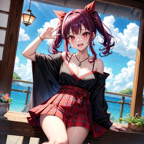 Red-blue hair、red eyes、one good looking girl、solo、anime、plaid mini skirt、black camisole、black t-shirt、kimono、wearing a ribbon、ribbon at waist、stones are piled up、crystal earrings、jewelry necklace、Light and shadow、tilting one&#39;s face、teeth are visible、、W...