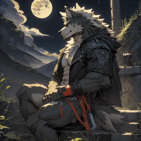 ((best quality)), ((masterpiece)), (detailed), perfect face，Orc in wolf form，In the background is a big moon，completely naked，sitting on the steps，Grayish white hair all over the body，eyes are blue