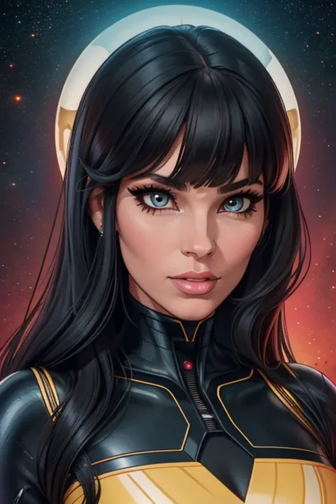 Best quality, 8K, woman space retro futurism, beautiful and detailed face, black straight long hair, bangs,big eyelashes,LOOKING TO observer,black bodystocking, sci-fi RETRO SPACESHIP scenario