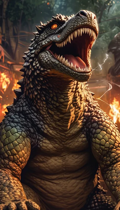 godzilla style details surreal photo shoot, detailed close-up of godzilla, iconic monster, look directly at the audience with in...