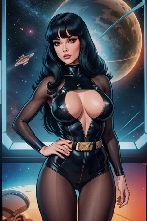 Best quality, 8K, woman space retro futurism, beautiful and detailed face, black straight long hair, bangs,big eyelashes,LOOKING TO observer,black bodystocking, large belt,sci-fi RETRO SPACESHIP scenario