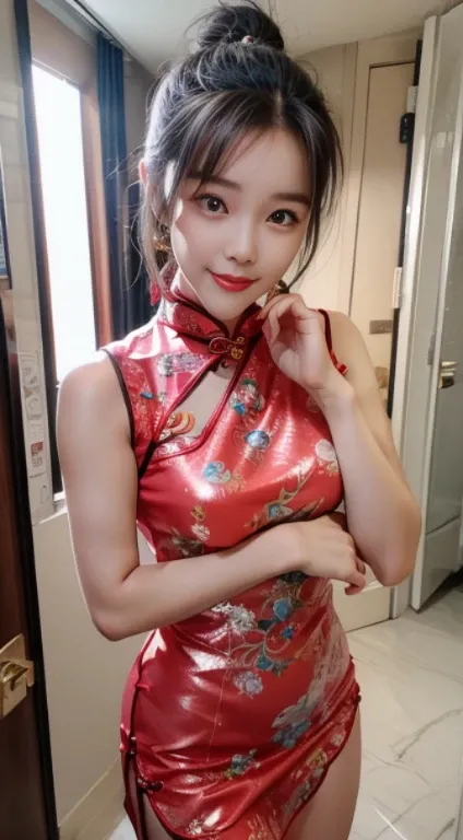 (lively),(playful),(chai pao),(Colorful prints),(energetic pose),(bob haircut),(accessories:  flower),(bright look),(dynamic movement)、(real 8k, Raw photo, realistic: 1.25), (lip gloss, eyelash, shiny face, shiny skin, highest quality, ultra high resolutio...