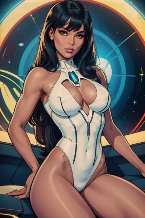 Best quality, 8K, woman space retro futurism, beautiful and detailed face, black straight long hair, bangs,big eyelashes,LOOKING TO observer,TRANSPARENT white leotard,LIGHT TAN bodystocking, sci-fi RETRO SPACESHIP scenario