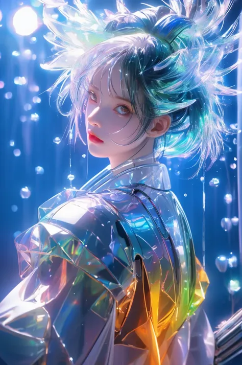 mechanical girl，full-body shot，In the water, fantastic colors, close up, light refracted into water, reflective transparent iridescent colors,soft lighting/ soft light, high detail, ultra high definition