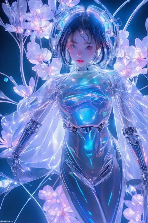 mechanical girl，full-body shot，In the water, fantastic colors, close up, light refracted into water, reflective transparent iridescent colors,soft lighting/ soft light, high detail, ultra high definition