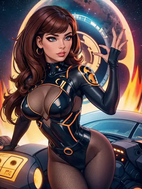 Best quality, 8K, woman space retro futurism, beautiful and detailed face, red curly long hair, bangs,big eyelashes,LOOKING TO observer,TAN bodystocking, black belt,sci-fi RETRO SPACESHIP scenario