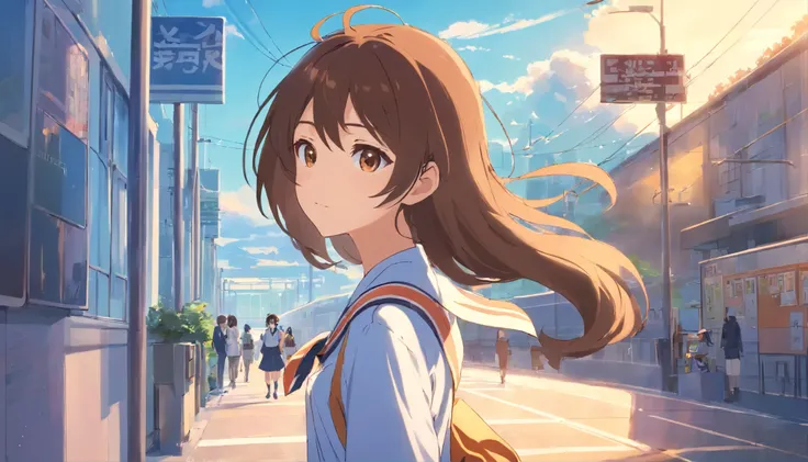 Create illustrations that depict attractive 2D anime scenes: 18 year old girl with long brown hair,brown eyes,A high school girl wearing a sailor suit is heading to school