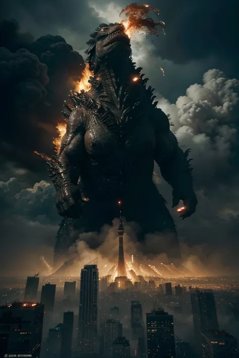 (best quality,4k,8k,highres,masterpiece:1.2),ultra-detailed,realistic, Godzilla emerging from the depths of the ocean, towering over the city skyline and breathing fire, city destruction, scale-like textures, fiery explosions, dramatic lighting, apocalypti...