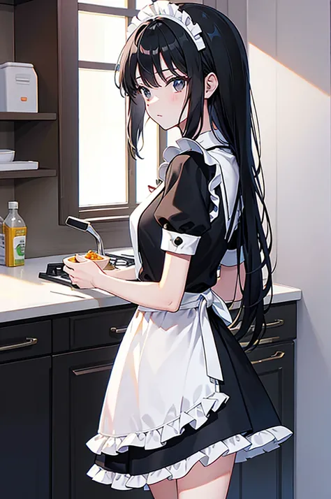 long hair, black hair, black eyes, maid uniform, standing, Straight Face, Fair skin, indoors, kitchen, from side, 1990s (style), --niji 5  --ar 2:3 --s 100