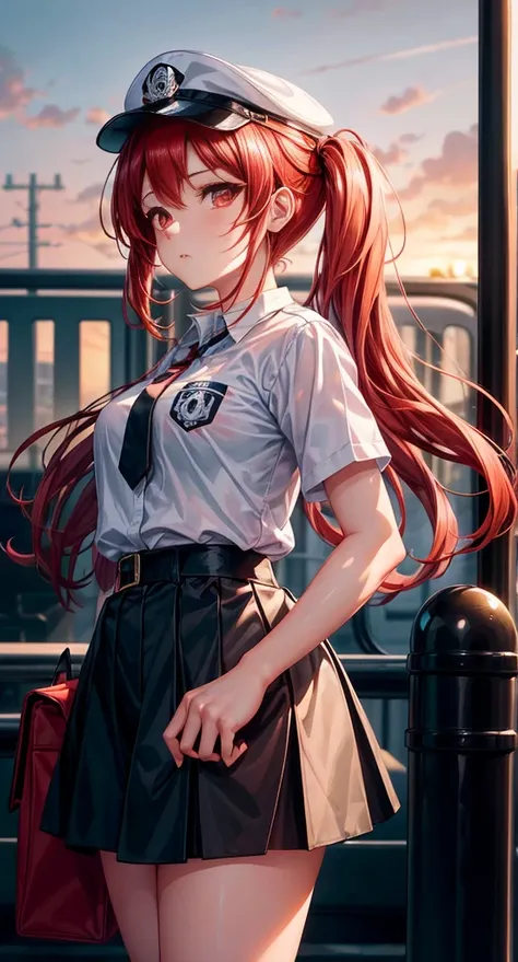 (best quality, highres:1.2), 1girl, solo, red hair cascading in twintails, red eyes shining with intensity, masterpiece, extremely detailed, longing gaze, employee uniform with a pencil skirt, adorned with a skull print, navy cap perched atop her head, out...