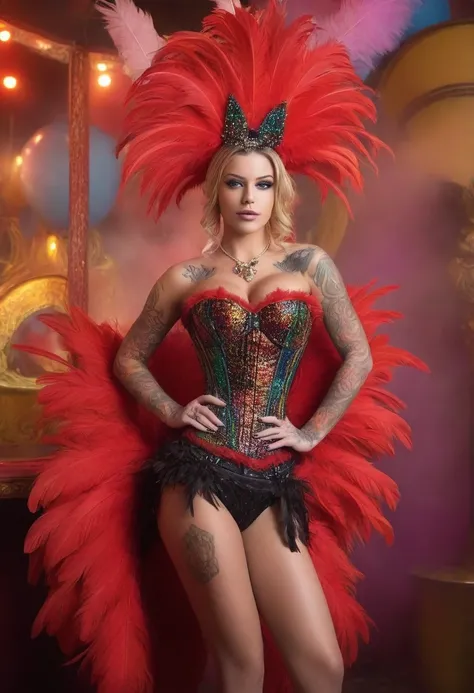 "Imagine Laurence Bedard amidst the vibrant energy of an Easter carnival, dressed in a playful yet alluring carnival-inspired costume. She wears a colorful corset adorned with feathers and sequins, paired with fishnet stockings and thigh-high boots. Lauren...