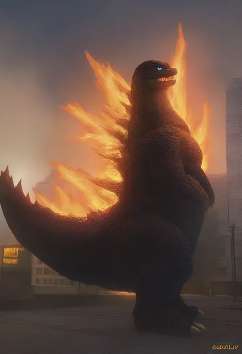 masterpiece, best quality, very aesthetic, cloudy daylight,
GodzillaXP, monster, godzilla,  full body shot from side, looking at the viewer, blue eyes, yellow spines, 
in city center, fire, explosion,