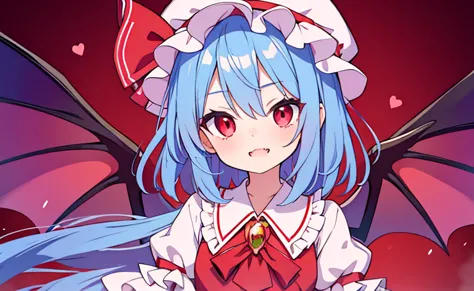 a cute little girl，red eyes，wearing pink gothic lolita outfit，have a pair of devil wings，short blue hair，wearing a white ruffled...