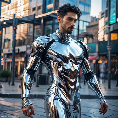 chr0me4rmor, photo of a (iranian man), wearing chrome bodysuit, fantasy scifi background, city, street, dynamic pose, realistic,...