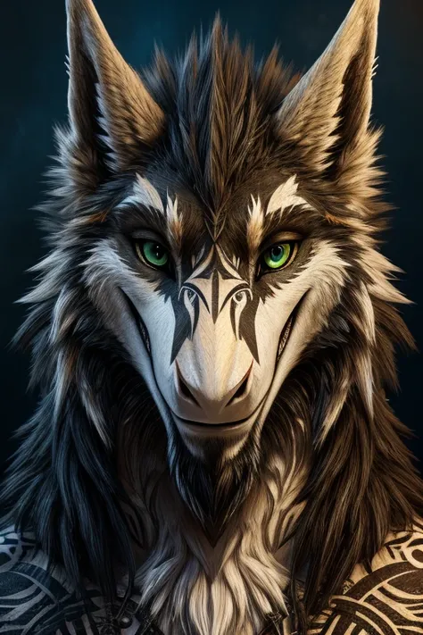 “A close-up of the face of a furry sergal with piercing green eyes, a shaggy beard and intricate tribal tattoos. He has a mysterious smile on his lips and a confident look.” portrait up to the belly,