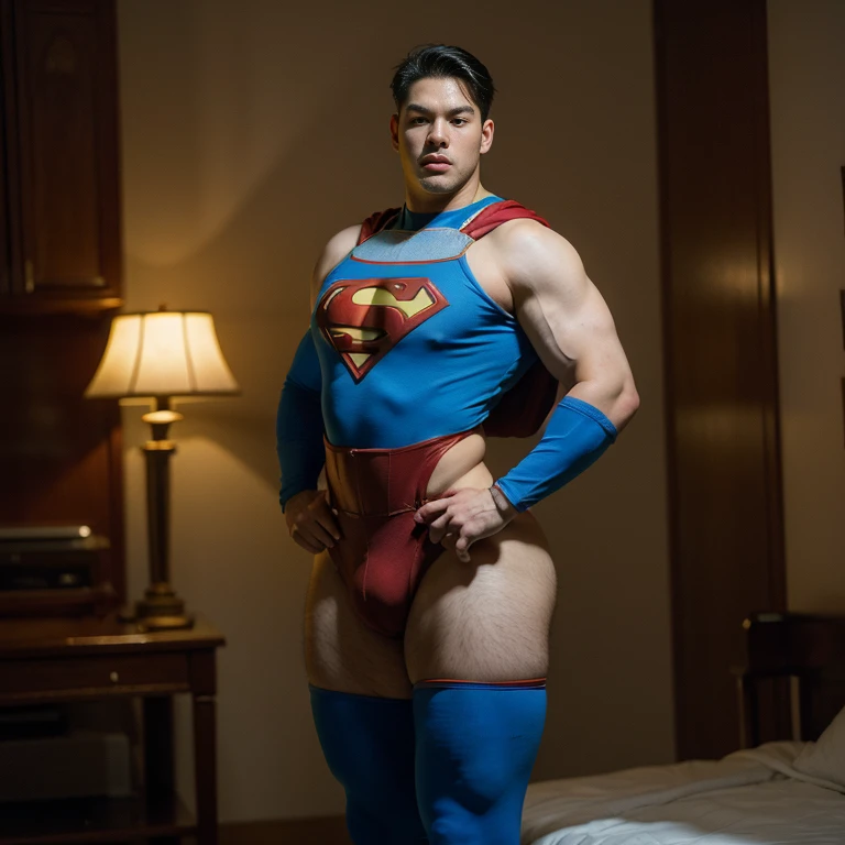 Man body setting，Superman costume bodysuit , (bare thighs) ,   realism , hyper realistic , photorealistic , ( thick hips ). , standing , super handsome boy , fatty hips , fatty buttocks, sexy , eroticism , nsfw , epic realism , epic photorealistic , tall m...