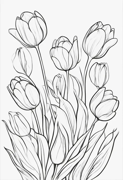 Line drawing, Pixar style, coloring page, black and white, With multiple tulip in one bouquet , ColoringBookAF,blank white background, ColoringBookRedmond-ColoringBook
