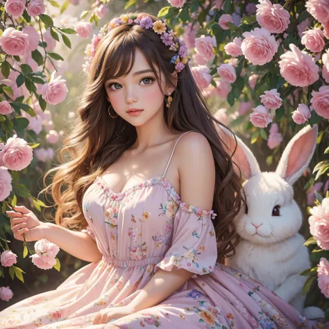 beautiful girls, Easter Bunny, oil painting, vibrant colors, soft lighting, detailed eyes and lips, flowing hair, dainty dresses, playful poses, floral background, realistic:1.2, highres, bokeh