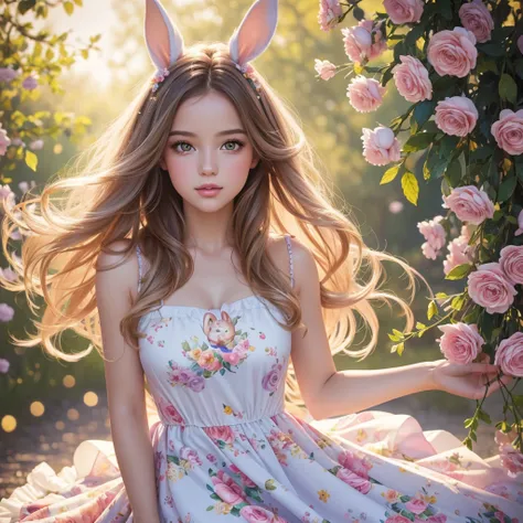 beautiful girls, Easter Bunny, oil painting, vibrant colors, soft lighting, detailed eyes and lips, flowing hair, dainty dresses, playful poses, floral background, realistic:1.2, highres, bokeh