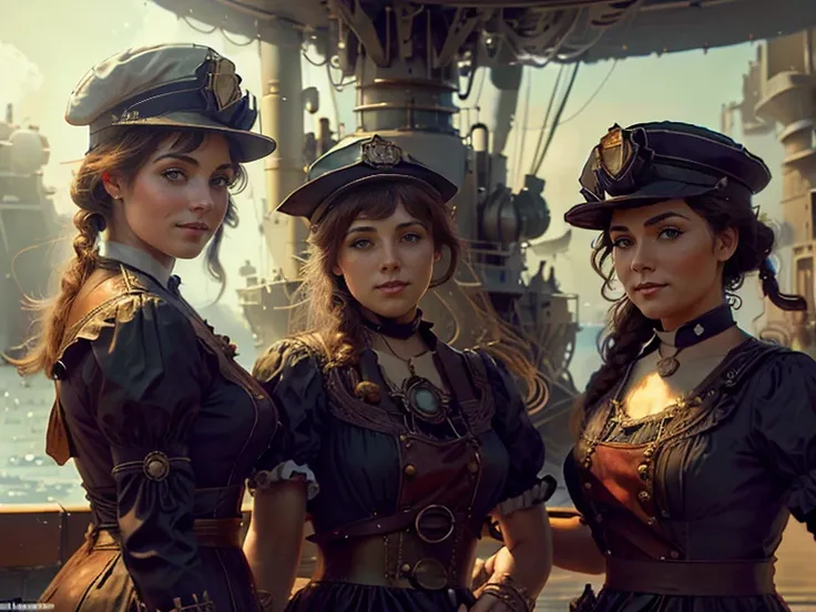 A group of nurses farewell sailors, the sailors are in a huge warship, morning, sunny day, summer dress, retrofuturism, victorian steampunk style, full detail, intrincate detail, alphonse mucha style