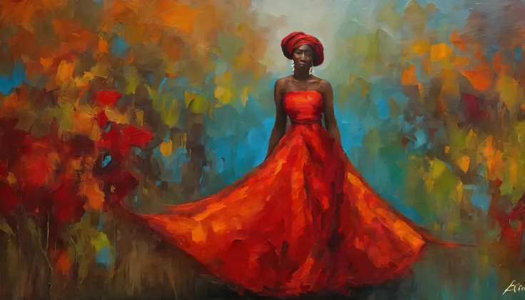 rotes verziertes Kleid,  Schwarzafrikanische Frau, beautiful red woman, wears an African dress, breathtaking beauty, atemberaubende Frau, Thema rotes welliges Haar, afrikanische Frau