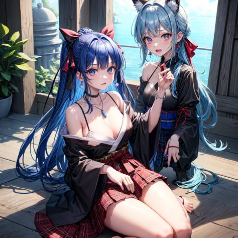 blue hair、red eyes、one good looking girl、solo、anime、plaid mini skirt、black camisole、black t-shirt、kimono、wearing a ribbon、ribbon at waist、stones are piled up、crystal earrings、jewelry necklace、Light and shadow、tilting one&#39;s face、teeth are visible、Wearin...