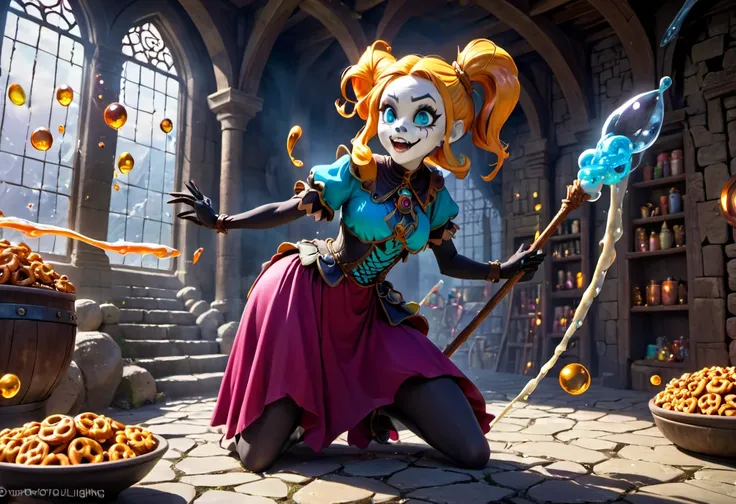 female Gummy adventurers,rock candy dungeon,dreaded skeletal mage made of pretzels,high fantasy,food dreaming,(best quality,4k,8k,highres,masterpiece:1.2),ultra-detailed,(realistic,photorealistic,photo-realistic:1.37),vivid colors,portraits,HDR,sharp focus...