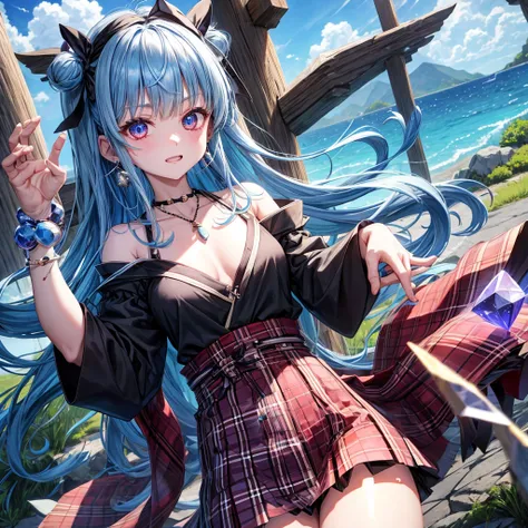 blue hair、red eyes、one good looking girl、solo、anime、plaid mini skirt、black camisole、black t-shirt、kimono、wearing a ribbon、ribbon at waist、stones are piled up、crystal earrings、jewelry necklace、Light and shadow、tilting one&#39;s face、teeth are visible、Wearin...