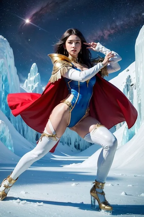 highest quality, masterpiece, realistic, High resolution, 8K RAW写真, 1 girl、long hair、goddess、has a decorated sword、Swing your sword up、((glamor body:1.3))、(Blue bodysuit with ice motif、gold edge、red cloak)、silver pendant、silver earrings、(((action pose)))、(...