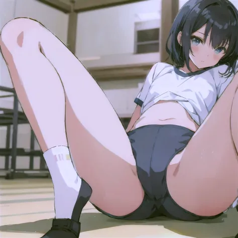 Anime girl sitting cross-legged on the floor, anime girl squatting, Beautiful anime girl squatting,  seductive anime girl, Also, a-1 photo, Smooth anime CG art, kneel down!!, anime moe art style, [ 4k digital art ]!!, Gym suit、navy color bloomers, black ha...