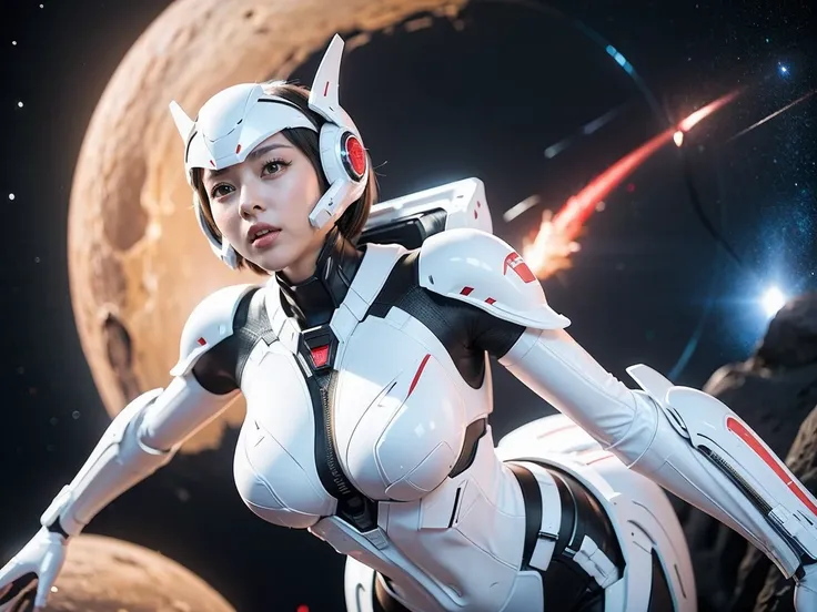 (Raw photo, highest quality), (realistic, Photoreal:1.3), 1 girl、realisticbody、Pleiades space warrior、white and red battle suit skirt、spaceship coming from space、Battle against reptilian aliens、shield and ray gun、serious expression