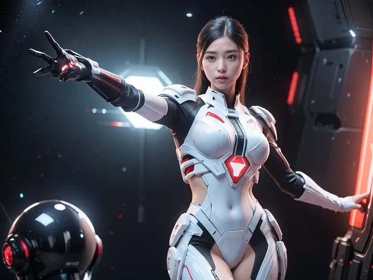 (Raw photo, highest quality), (realistic, Photoreal:1.3), 1 girl、realisticbody、Pleiades space warrior、white and red battle suit skirt、spaceship coming from space、Battle against reptilian aliens、shield and ray gun、serious expression