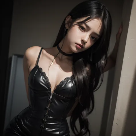 (in a prison cell), ((arm behind back)), ((Top Quality, 8k, A Masterpiece、: 1 girl , , slim abs: , wet body, highly detailed face and skin texture Detailed Eyes, ,slave,，,，Rubber, Black Corset,Bondage, Whip, big breats