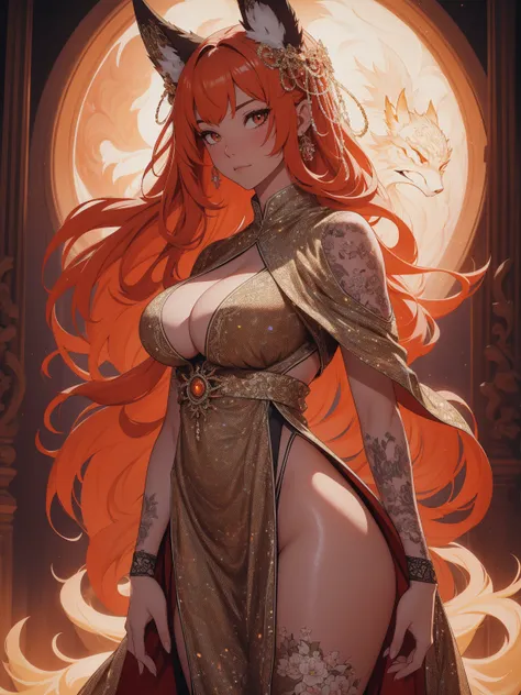 REALISTIC VISION 1.4, BETTER VAE,sharp focus, ultra detail, 32k,realistic photo, intricate details, kitsune, orange hair, oranfe eyes, intricate details ,woman, nine tails,intricate details,intricate details,big , Voluptuous body, intricate details, Miko,c...