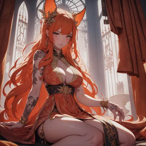 REALISTIC VISION 1.4, BETTER VAE,sharp focus, ultra detail, 32k,realistic photo, intricate details, kitsune, orange hair, oranfe eyes, intricate details ,woman, nine tails,intricate details,intricate details,big , Voluptuous body, intricate details, Miko,c...