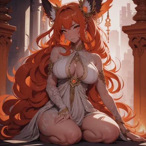 REALISTIC VISION 1.4, BETTER VAE,sharp focus, ultra detail, 32k,realistic photo, intricate details, kitsune, orange hair, oranfe eyes, intricate details ,woman, nine tails,intricate details,intricate details,big , Voluptuous body, intricate details, Miko,c...