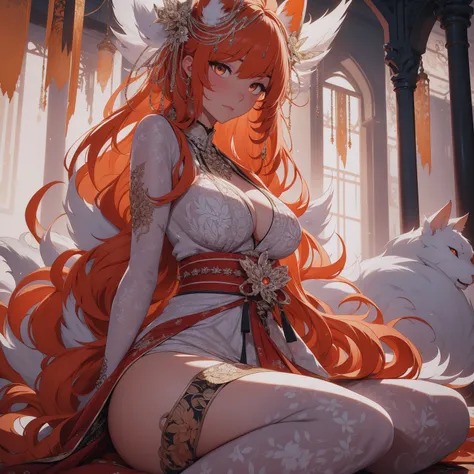 REALISTIC VISION 1.4, BETTER VAE,sharp focus, ultra detail, 32k,realistic photo, intricate details, kitsune, orange hair, oranfe eyes, intricate details ,woman, nine tails,intricate details,intricate details,big , Voluptuous body, intricate details, Miko,c...