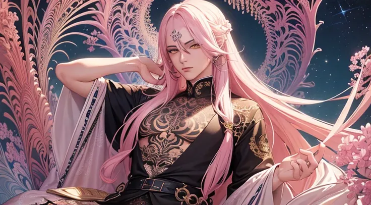 (masterpiece, highest quality, highest quality, official art, beautiful and aesthetic:1.2), (1 male), very detailed,(fractal art:1.3),colorful,most detailed, man with long pale pink hair, yellow eyes, His body is covered in yakuza-style tattoos.