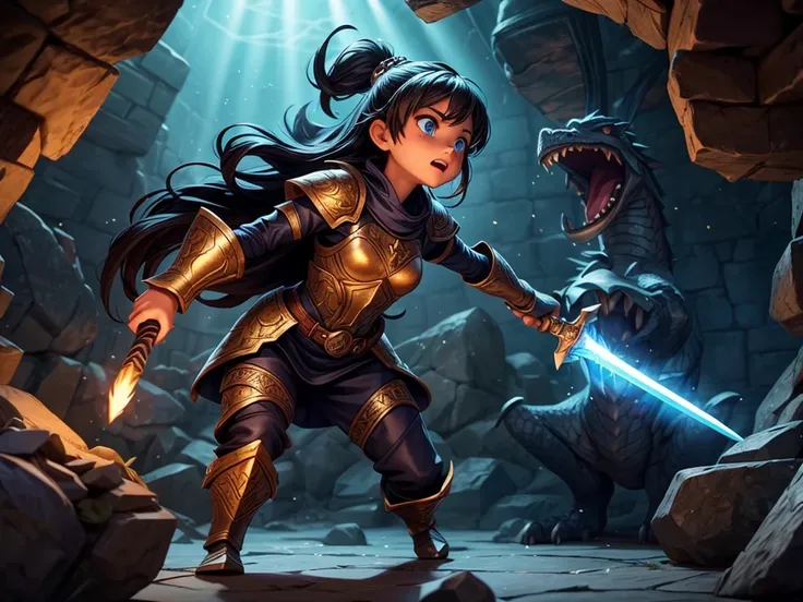 A girl with long hair and sparkling blue eyes, dressed in armor, holding a magical sword, engaged in combat with a fearsome dragon. The girls armor is intricately detailed, with engravings of ancient runes. The dragon is massive, with scales that shimmer i...