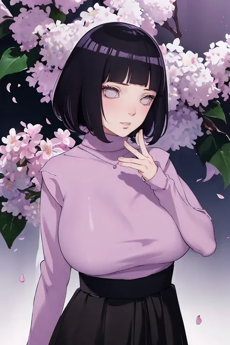 { - anatomy error} (Masterpiece - Ultra-detailed, very high resolution) (huge titusty, masterpiece, absurdres, hinata(boruto), 1girl, solo,mature female, lilac turtleneck blouse, black pant, looking at viewelling petals), perfect composition, detailed lips...