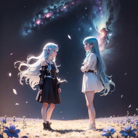 (absurdres, highres, ultra detailed, UHD, cinematic), solo, 1girl, mature, happy, girl standing in light blue flower field, light blue flower petal surrounding girl, full body, blue long hair girl, light blue hair, fantasy, dreamy, snowy, official art, pop...