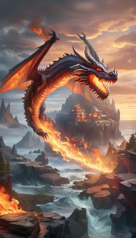 dungeons & dragons:1.5,((ultra wide angle x0.5:1.5)),( dragon releasing flames from its mouth., cliff, flying:1.5), ((imaginativ...