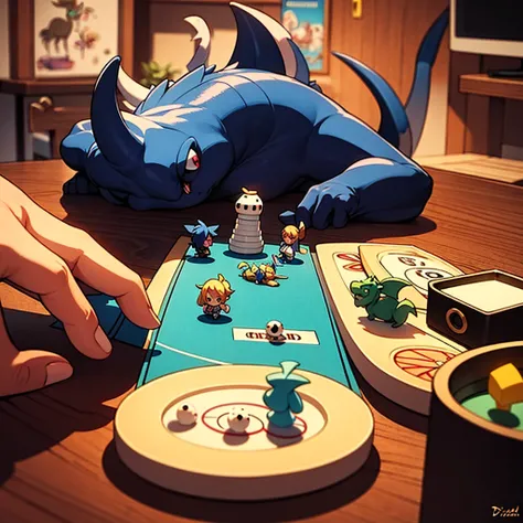 fantasy world on the table,chibi dragon,chibi fighter,dragon and fighter on table,dices on table,ultra-detailed,sharp focus,aesthetic,(best quality)